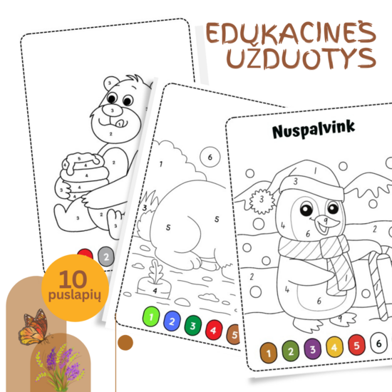 Spalvinimo užduotys pagal skaičius | 10 puslapių PDF vaikams | Lavinamosios edukacinės veiklos